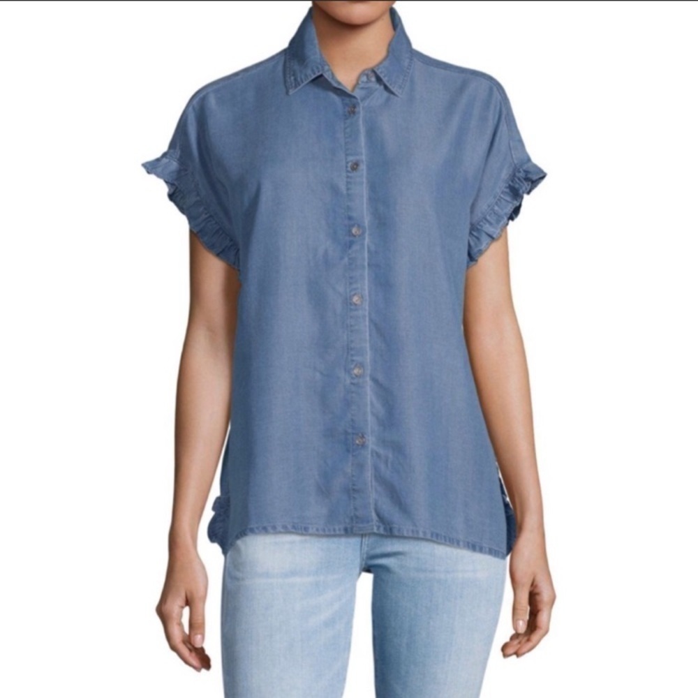 beach lunch lounge Pancho Denim Ruffle Shirt‎ M